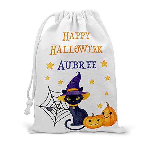 Personalised Halloween Cat Treat Bag with Name Drawstring Bag with Halloween Cat Design
