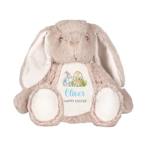 Personalised Happy Easter Beige Bunny Soft Toy with Name - Blue Script