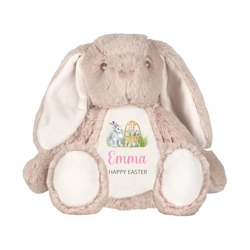 Personalised Happy Easter Beige Bunny Soft Toy with Name - Pink Script