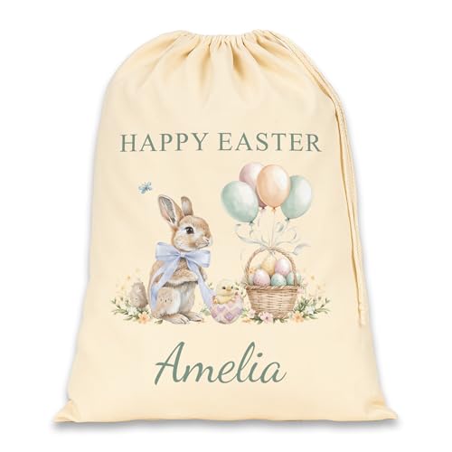 Green Happy Easter bunny and balloons Easter sack personalised with a name