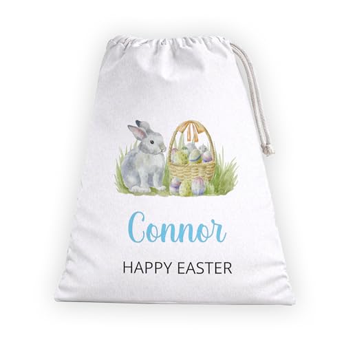 Personalised blue Happy Easter bunny basket drawstring sack with name.