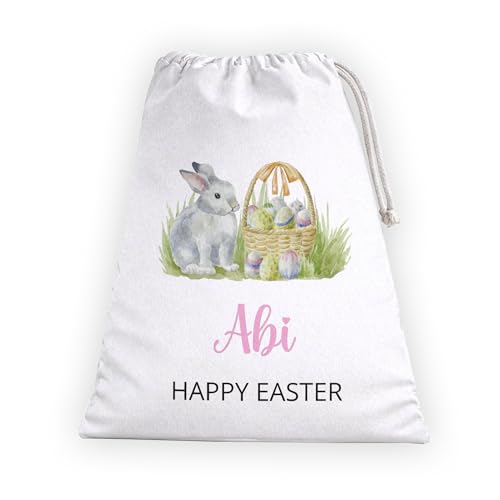 Personalised pink Happy Easter bunny basket drawstring sack with name.