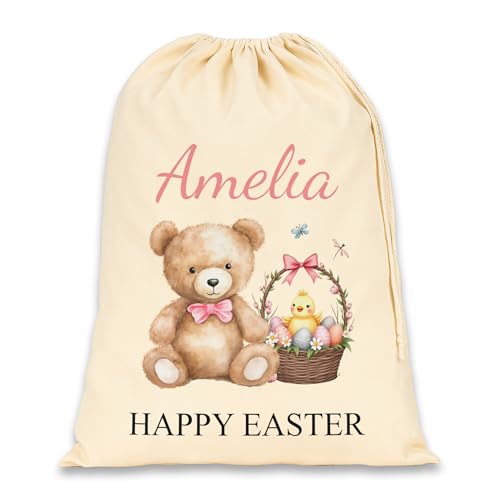 Pink Happy Easter teddy bear Easter sack personalised with a name