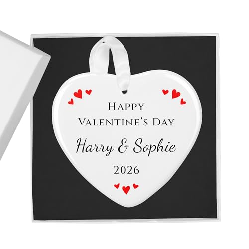 Happy Valentine's Day Classic Red white ceramic heart ornament