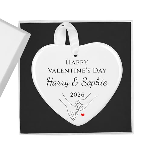 Happy Valentine's Day Holding Hands white ceramic heart ornament