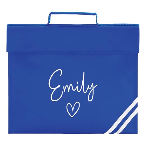 Blue school book bag with white script name, heart outline and corner stripes.