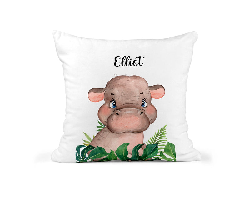 Personalised Hippo Cushion with Name showing hippo artwork with a cheerful animal theme front view