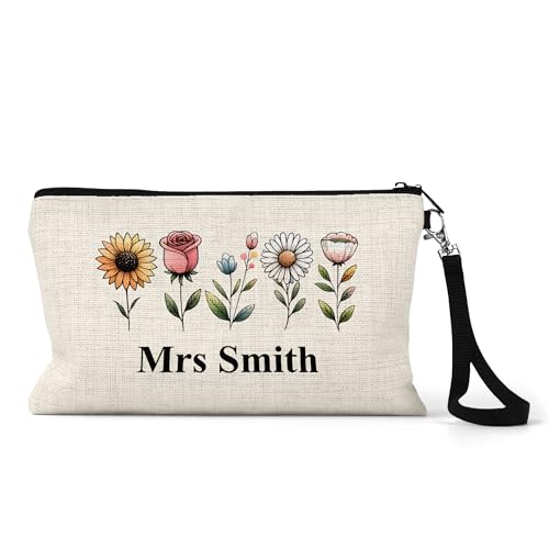 Personalised teacher pencil case with illustrated flower line-up and name
