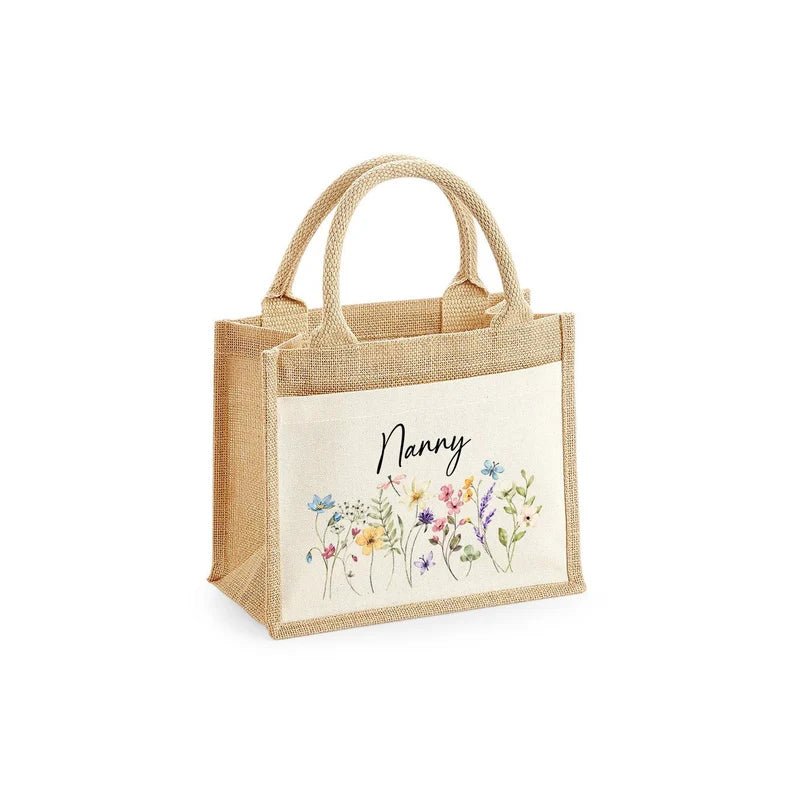 Personalised floral jute bag with printed name and front pocket design