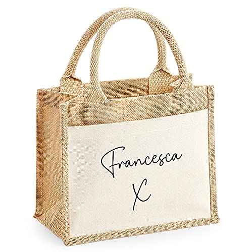 Personalised Jute Tote Bag with Name and Front Pocket