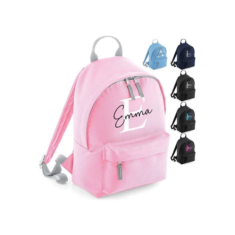 Personalised kids backpack with printed name and initial