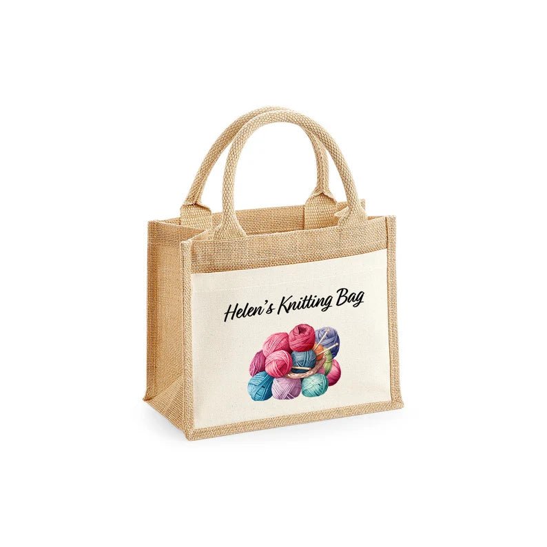 Personalised knitting jute project bag with printed name