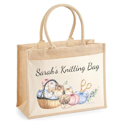 Knitting jute tote bag with basket yarn design and name