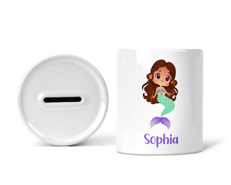 Personalised Mermaid Money Box with Name shown as a ceramic keepsake