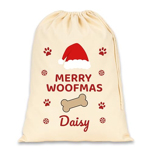 Merry Woofmas dog Christmas sack with personalised name
