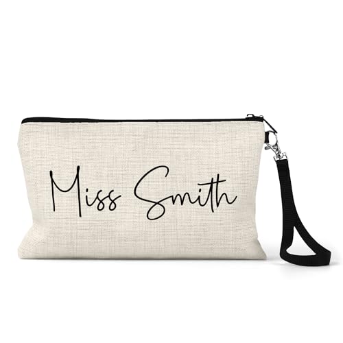 Personalised teacher pencil case with minimal script name design.