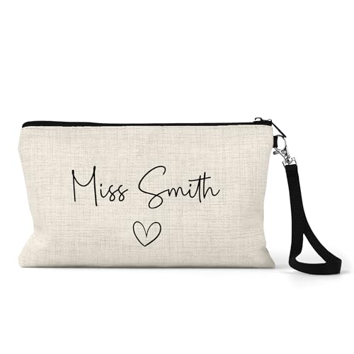 Personalised teacher pencil case with minimal script name and heart design.
