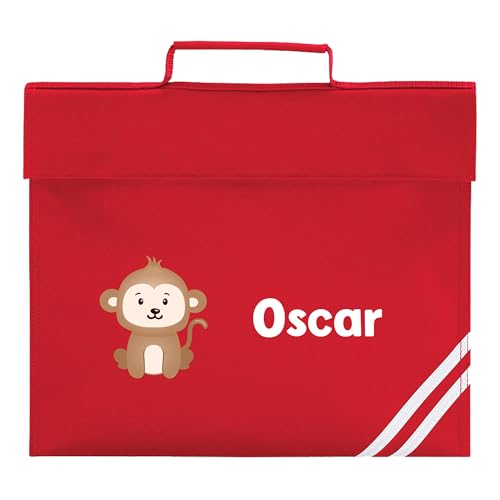 Red school book bag with cartoon monkey and personalised name.