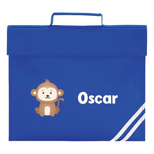 Blue school book bag with monkey design and personalised name.