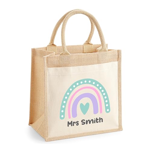 Personalised Multi Pink Purple Rainbow Jute Tote Bag with Name product image