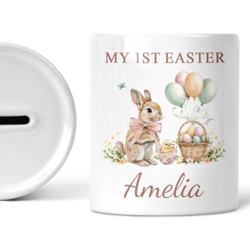 Pink first Easter bunny money box with personalised name