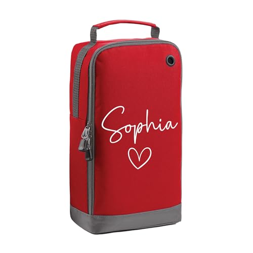 Red kids boot bag with name heart design