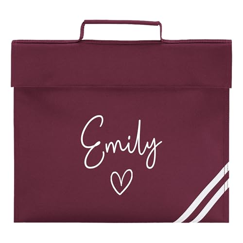 Burgundy Name Heart school book bag with white script name.