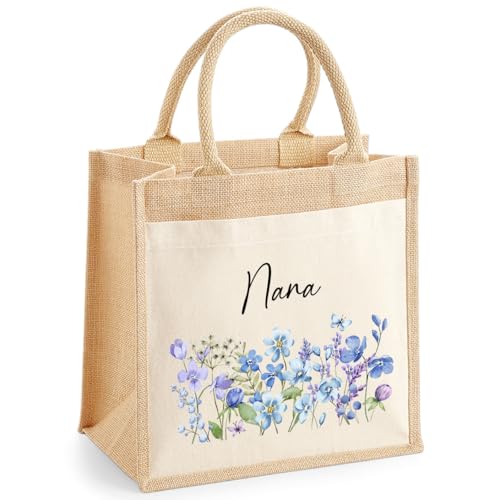 Personalised Nana Blue Flowers Jute Tote Bag with Name product image