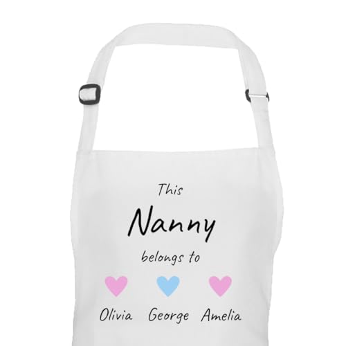 White Nanny apron with hearts design and personalised names