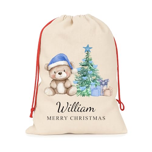 Personalised Natural Blue Teddy Santa Sack with Name product image