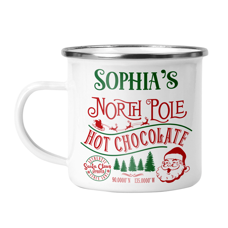 Personalised North Pole Hot Chocolate Enamel Mug shown with printed design