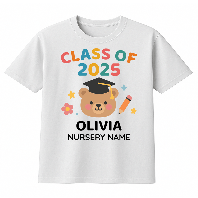 Personalised preschool leavers T-shirt with teddy graduation design