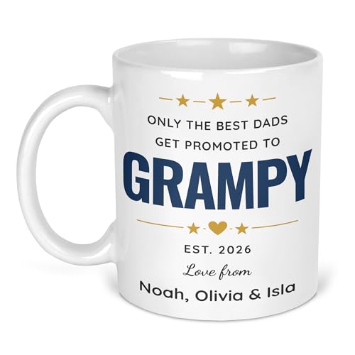 Only the Best Dads Get Promoted to Grampy ceramic mug with names and EST. year.