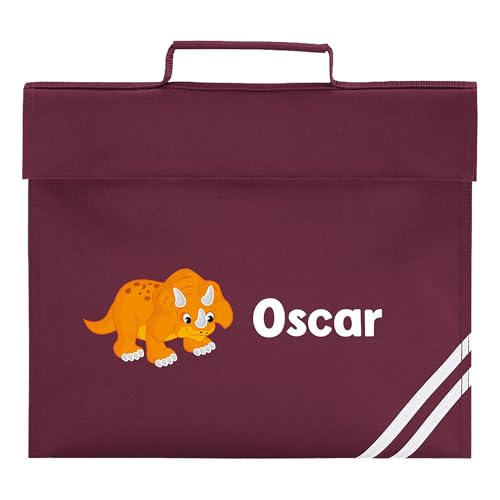 Personalised burgundy school book bag with orange dinosaur and name.
