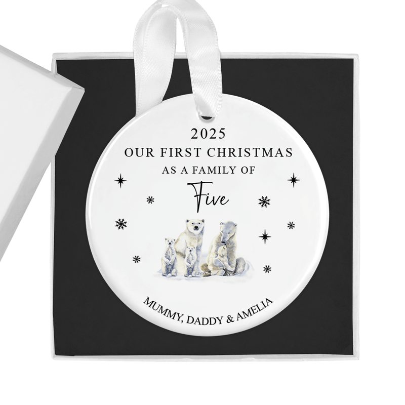 Personalised ceramic ornament with a loving polar bear family of five in a snowy winter scene
