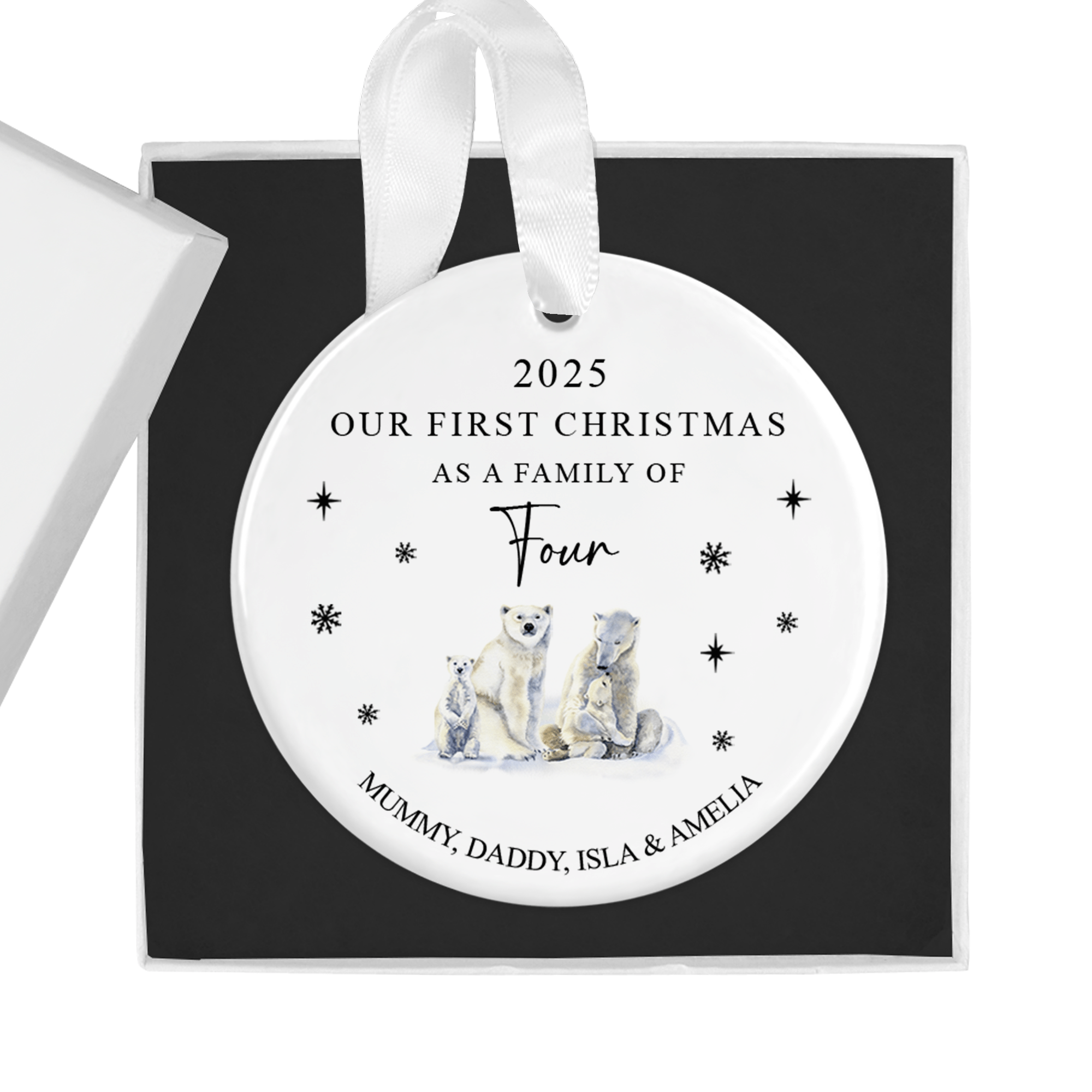 Personalised Our First Christmas as a Family of Four Polar Bear Ornament with Gift Box - Chicken Craft Ltd
