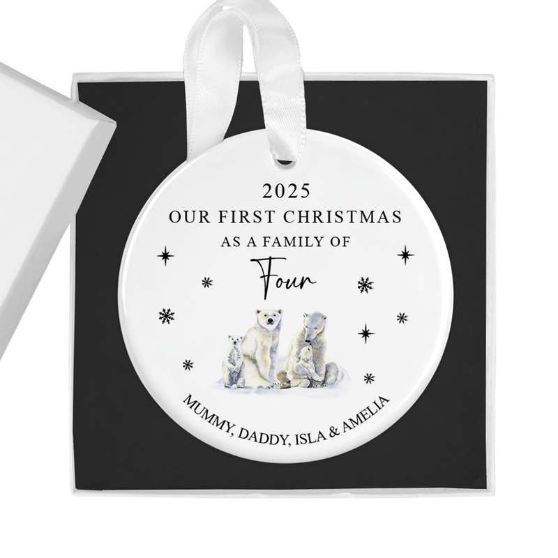 Personalised ceramic ornament with a heartwarming polar bear family with two cubs