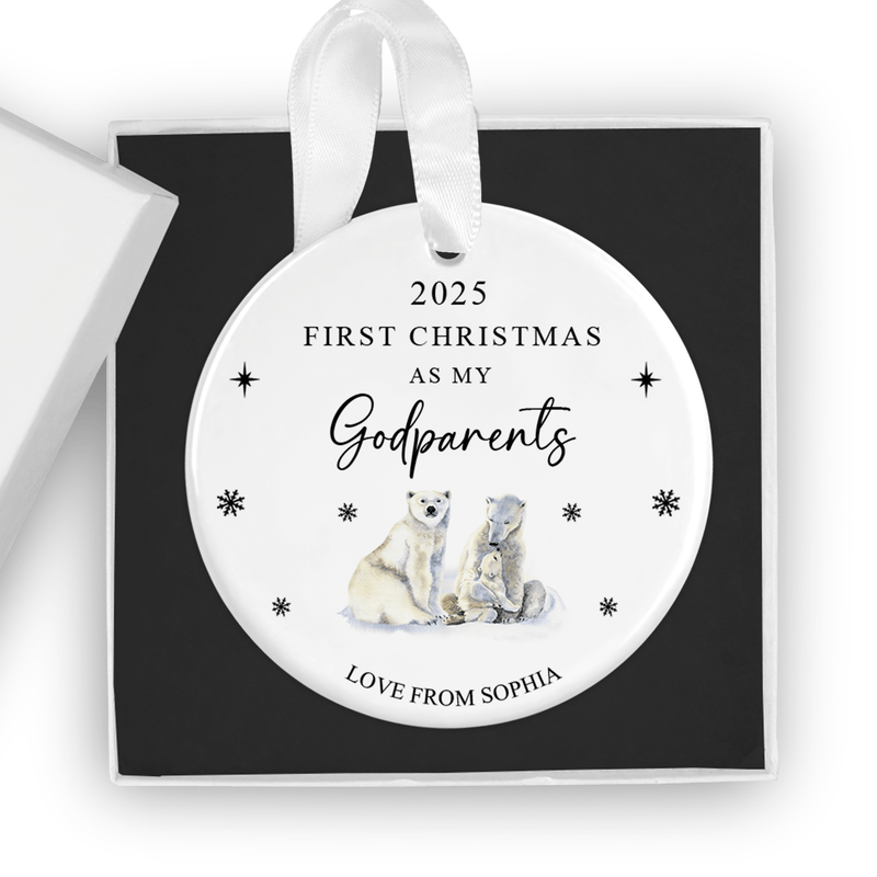 Personalised ceramic ornament with two protective polar bears with their cub
