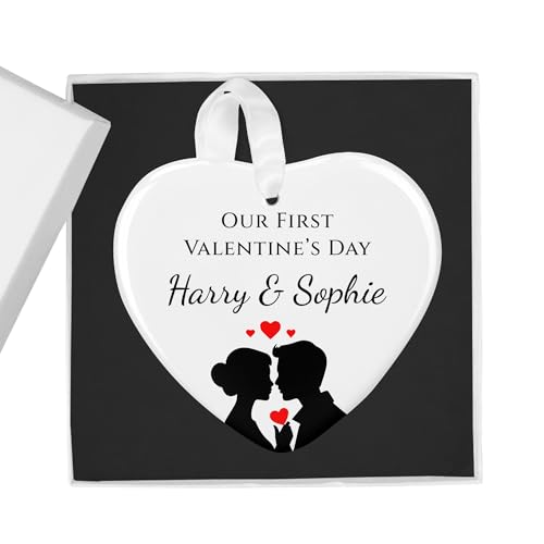Our First Valentine's Day Romantic Silhouette white ceramic heart ornament