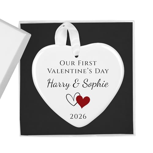 Our First Valentine's Day Two Hearts white ceramic heart ornament