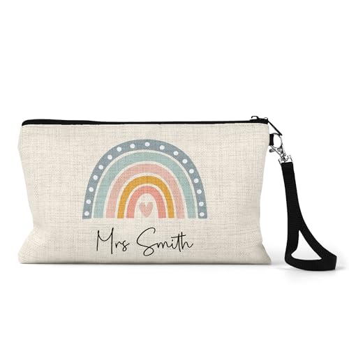 Pastel rainbow and heart teacher pencil case with custom name.