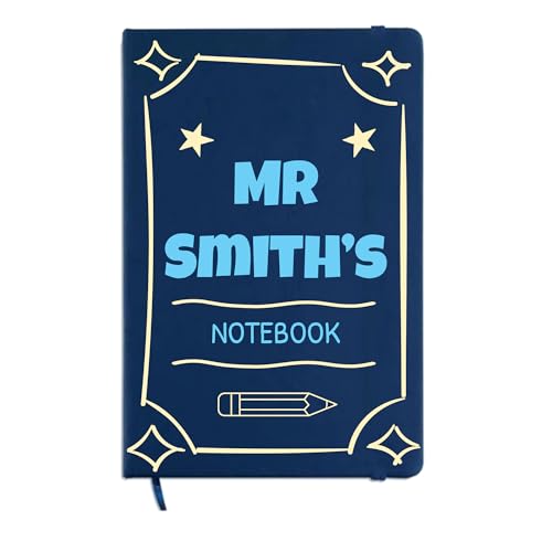 Blue A5 teacher notebook with pencil frame design and custom name.