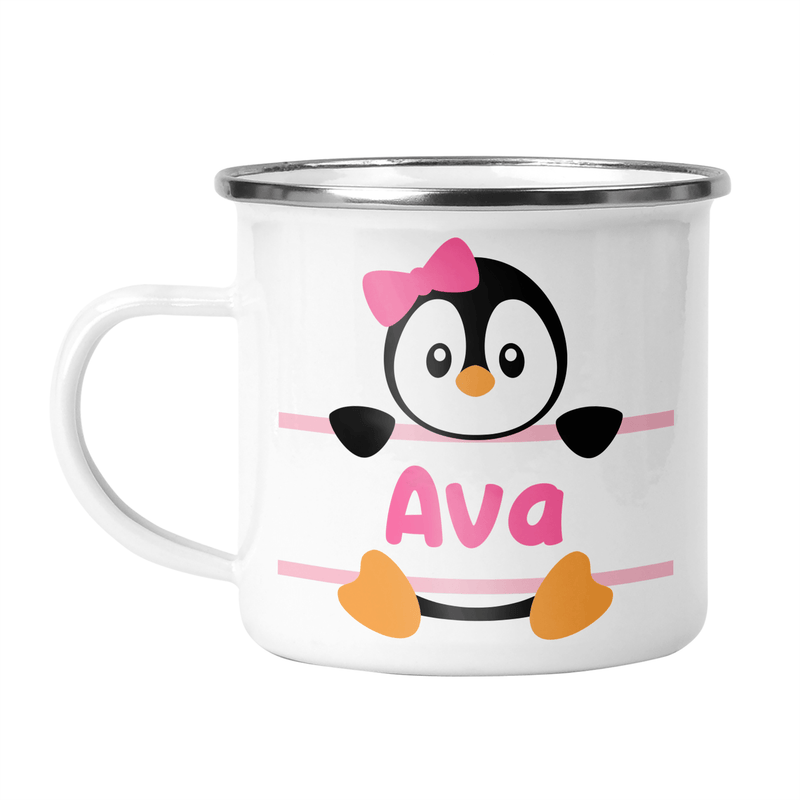 Personalised Penguin Enamel Mug in Pink, Blue or Grey shown with printed design