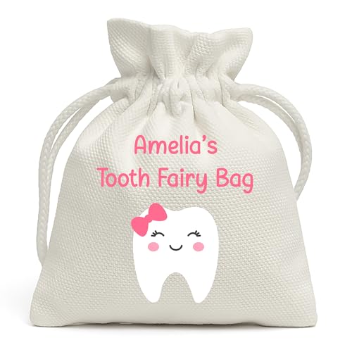 Personalised Pink Bow tooth fairy drawstring pouch with name