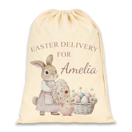 Personalised pink bunny basket Easter sack with name.