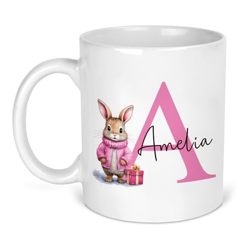 Personalised pink bunny Christmas mug with initial and name.