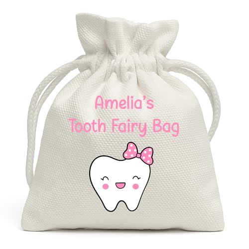 Personalised Pink Dotty Bow tooth fairy drawstring pouch with name