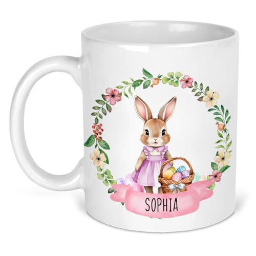 Personalised pink easter bunny wreath ceramic mug with name.