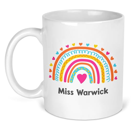 Pink Heart Rainbow teacher name mug on white ceramic