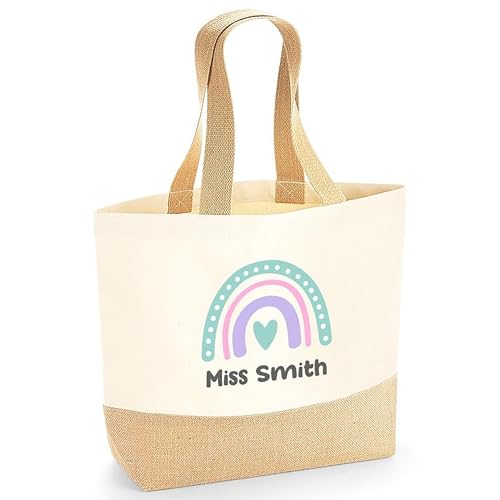 Personalised Pink Purple Rainbow Jute Tote Bag with Name